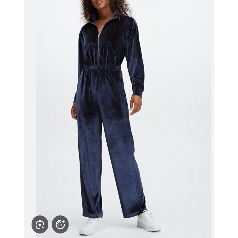 Fabletics blue velvet straight leg jumpsuit size xxl